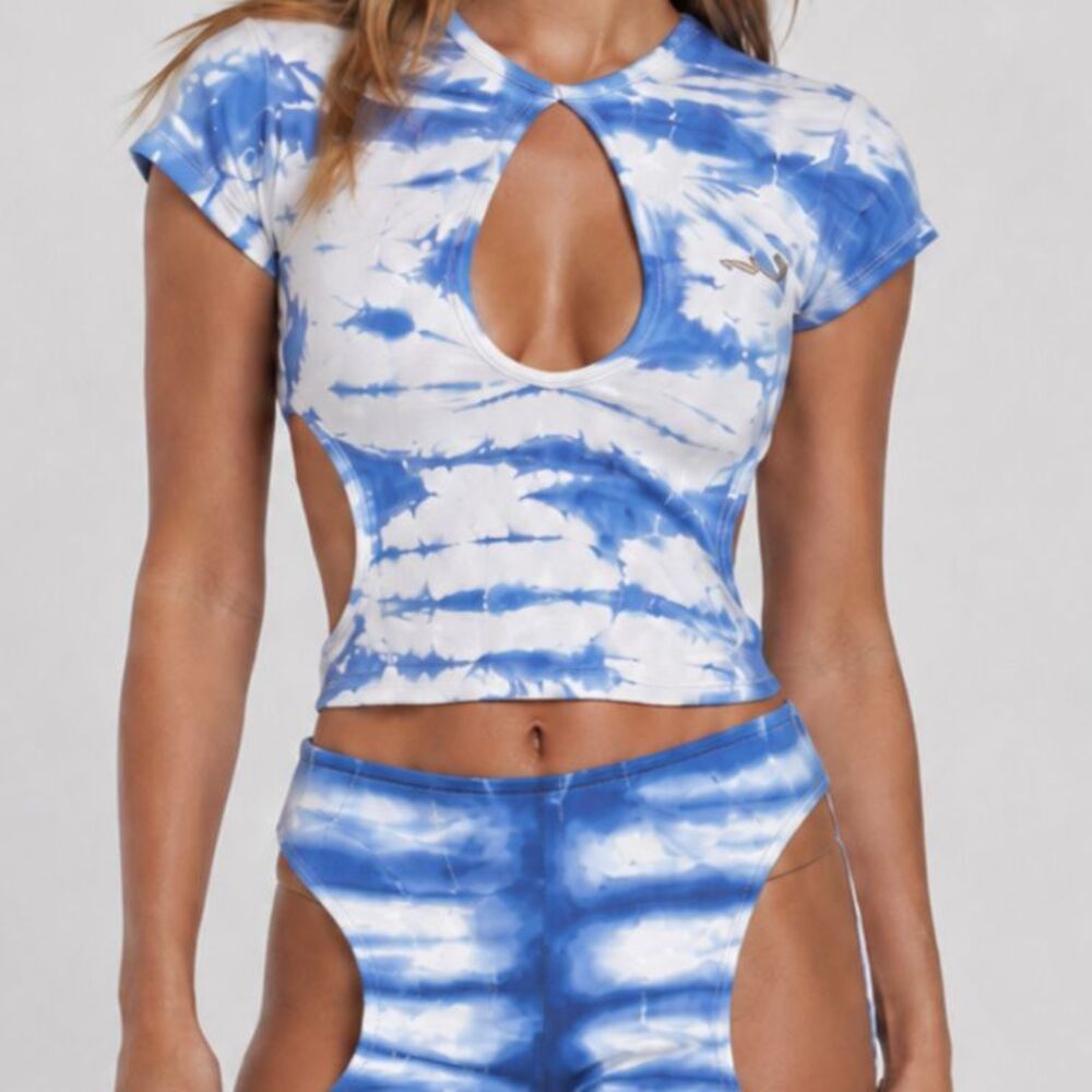 Blue White Tie Dye Cutout Crop Top Size Small